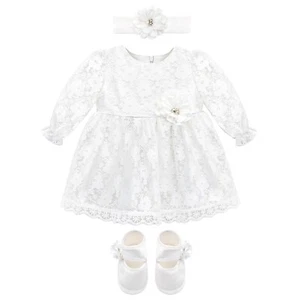Baby Girls' Lace Floral Embroidered Dress with Matching Shoes Christening - Picture 1 of 6