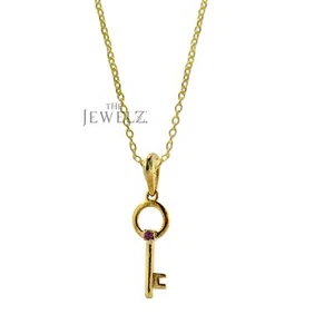 14K Gold 0.03 CT Square Ruby Gemstone Key Pendant Necklace - The Jewelz - Picture 1 of 4