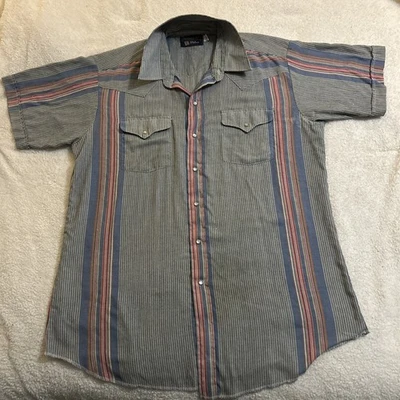 Vintage Panhandle Slim Western Shirt Pearl Snap USA 80s 17 Red White Blue Stripe - Image 1 of 4
