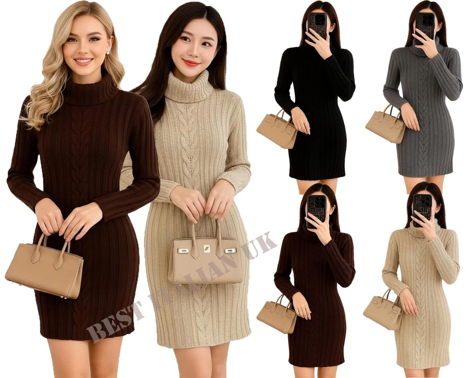 Womens Cable Knitted Jumper Dress Ladies Turtle Polo Neck Pullover Tunic Bodycon - Image 1 of 2