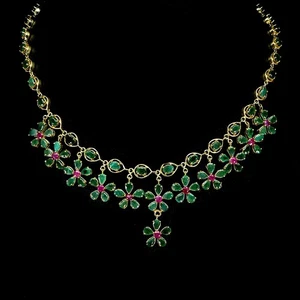 925 Sterling Silver Necklace Pear Emerald 6x4mm Ruby Gemstone Jewelry 16.5inches - Picture 1 of 13