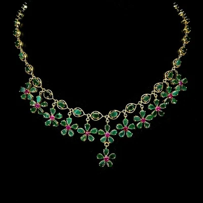 925 Sterling Silver Necklace Pear Emerald 6x4mm Ruby Gemstone Jewelry 16.5inches - Image 1 of 4