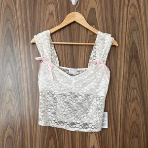 ASOS Ivory White Lace Milkmaid Pink Bow Detail Sheet Cropped Top Large NEW - Picture 1 of 5