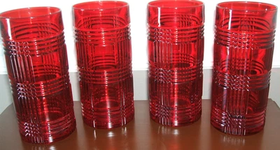 4 vasos Ralph Lauren Glen a cuadros granate rojo 6 1/4" Highball con etiquetas Foto 1 de 4