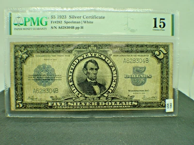 1923 5-DOLLAR LINCOLN PORTHOLE SILVER CERTIFICATE GRADED PMG 15 CHOICE FINE - Image 1 of 4