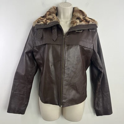 Y2K Wilsons Cuero Marrón Moto Chaqueta Estampado Leopardo Cuello Piel Conejo Mujer L Foto 1 de 4