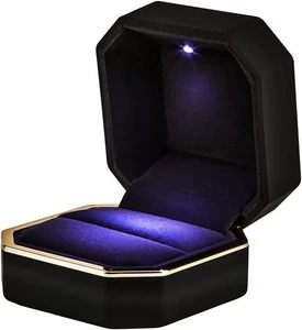Luxury Ring Box, Square Velvet Wedding Ring Case Jewelry Gift Box with LED Light - Picture 1 of 12