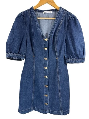 Mini Vestido Zara Denim Manga Abullonada Abotonado Azul Lavado Talla S Foto 1 de 4