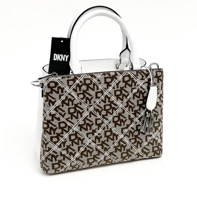 NWT DKNY Paige Medium Satchel Handbag Crossbody Tote Brown White Monogram Logo - Image 1 of 4