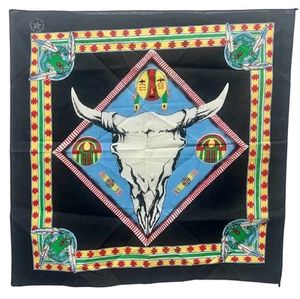 Vtg American Indian Steer Skull Black Western Bandana Decor Made In USA 16463 - Imagen 1 de 6