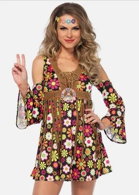 Mini Vestido Hippie Leg Avenue Talla Grande Disfraz Vestido Solo Flower Power Paz Foto 1 de 4