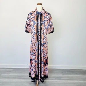 Pink Diamond Maxi Shirt Dress Satin Pink Purple Short Sleeve Button Up Size 10 - Picture 1 of 9