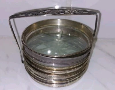 Sterling Silver Ring Mounted Etched Base Drink Coasters Silver Handled Caddy 6  - Image 1 of 4