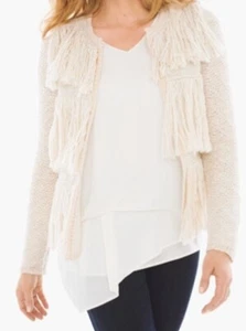 Chico’s Kyleigh Fringe Front Cardigan Hook Neckline Cream & Metallic Sz 3 #16742 - Picture 1 of 6
