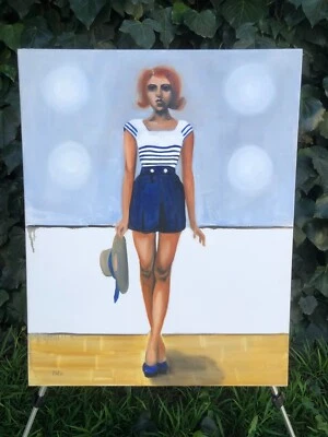 MALIA PETTIT Original MODERN EXPRESSIONIST Fashion Pretty Girl Blue Oil & Canvas - Image 1 of 4