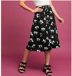 Anthropologie Maeve High Waist A-Line Midi Skirt 4 Black Floral Lace-Up 50s - Picture 1 of 9