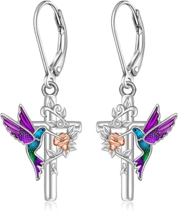 Hummingbird Cross Earrings Spiritual Christmas Gifts for Women Sterling Silver - Picture 1 of 9