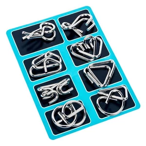 Puzzle Montessori in metallo 8 pezzi filo mente cervello rompicapo giocattoli blu miglioramento QI - Foto 1 di 8