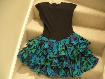 Ladies Dress Size 11 Blue Green Floral Tiered Ruffle Bottom on Black by BYER TOO - Image 1 of 4