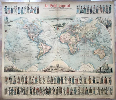 MAPA DE PARED DEL MUNDO 1900 BONITO MAPA ANTIGUO DIARIO LE PETIT PUESTO SOBRE LINO Foto 1 de 4