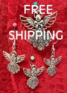 Angel Charm/Necklace, Earrings Silver Metal Jewelry 1.7 x 1.5" & (3) 1" x 1" - Picture 1 of 7