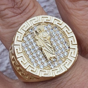 Big Mans solid 14k yellow Gold saint jude judas Ring S 12 greek key - Picture 1 of 12