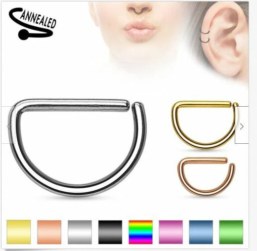 D-Shaped Titanium 16g Cartilage Rook Daith Helix Tragus Septum Nose Hoop Ring - Image 1 of 1