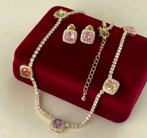 Deluxe Set Collier Halskette Tennis Ohrstecker Zirkonia 585er Gold 14K vergoldet - Bild 1 von 9