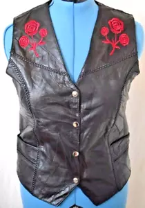 Diamond Plate Buffalo Black Leather Motorcycle Rose Biker Braided Vest Women's M - Picture 1 of 9