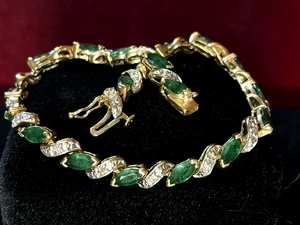 14K GOLD EMERALD & DIAMOND BRACELET NATURAL GEMSTONE 10.6 GRS GREEN MARQUISE CUT - Picture 1 of 14