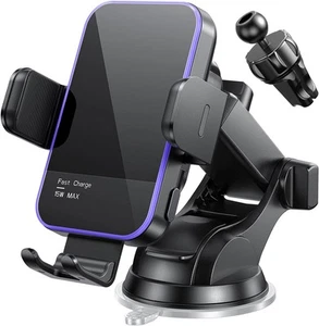 Wireless Car Charger 7 Colored RGB Backlit 15W Auto Clamping Phone Holders - Picture 1 of 9