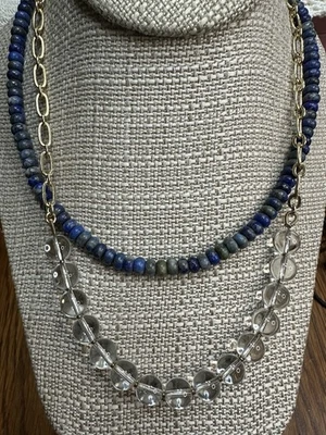 TALBOTS Lapis & Clear Bead Goldtone Necklace 17”-20” - Image 1 of 4