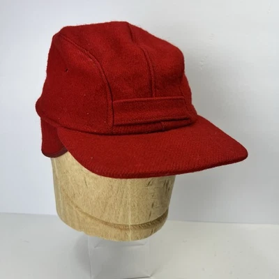 Vintage Red Wool Hunting Cap Earflaps Hat Winter Ball Cap Moth Holes - Image 1 of 4