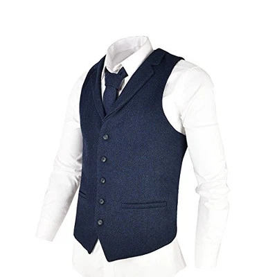  Mens Herringbone Tailored Collar Waistcoat Fullback Wool XX-Large Navy Blue - Image 1 of 4