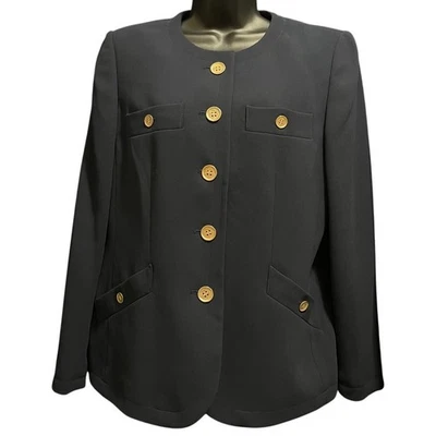 Vintage Kasper Dark Navy / Black - Gold Metal Button Jacket - 12 Petite - Image 1 of 4