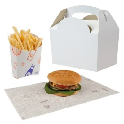 White BBQ Party Kids Happy Meal Takeaway Food Boxes & Chip Scoop & Burger Wrap