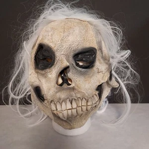 Maschera Teschio Halloween Capelli Bianchi Occhi Neri Adulto - Foto 1 di 4
