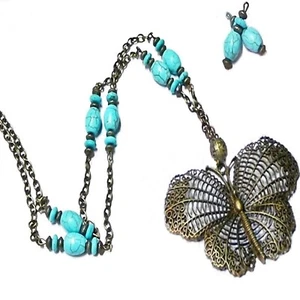 Butterfly Charm Long Necklace vintage style, turquoise, clip on or pierced - Picture 1 of 2