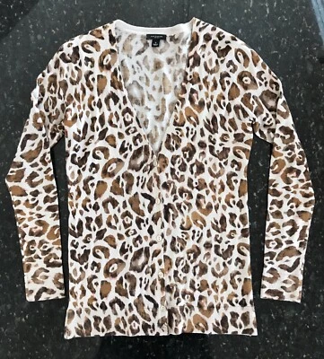 Cárdigan Suéter Ann Taylor Mujer S Estampado Animal Lana Merino Marrón Tostado Rosa  Foto 1 de 4