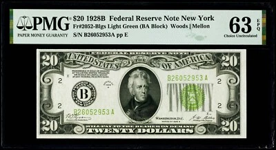 $20 1928B Federal Reserve Note New York Fr#2052-B PMG 63 EPQ Choice Uncirculated - Image 1 of 3