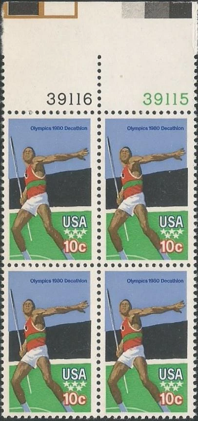 Plate Block of 4 stamps - Scott 1790 - 10 cent - '80 Olympics - 1980 - MNH - Image 1 of 1