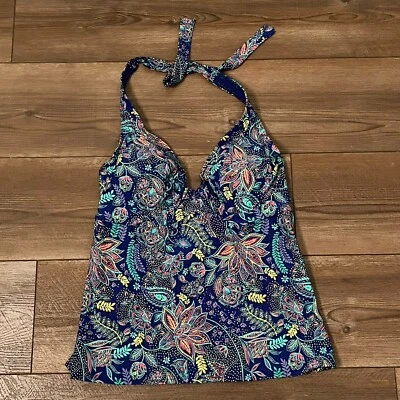 Nuevo con etiquetas Camiseta de natación Sunsets azul marino cachemira musa halter EE. UU. 32D/34C Foto 1 de 4