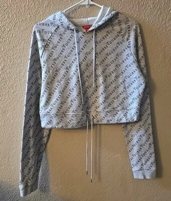 Sudadera con capucha recortada Guess para mujer GRIS con logotipo grande Foto 1 de 4