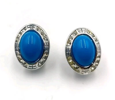 Pendientes de clip ovalados ligeros con estrás turquesa imitación tono plata vintage  Foto 1 de 4