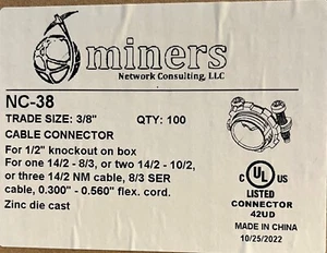 3/8" NM, Flex, SE 2-Screw Threaded Wire Cable Clamp Connector box of 100 - Picture 1 of 7