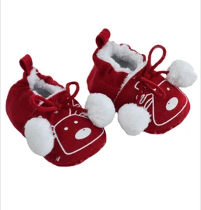 BABY BOYS GIRLS CHRISTMAS SLIPPERS PRAM SHOES REINDEER POM POMS FUR LINED - Picture 1 of 1