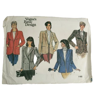 80s Vogue Pattern 1193 Semi Fitted Blazer Jacket Single Double Breast Notched 16 - Picture 1 of 2