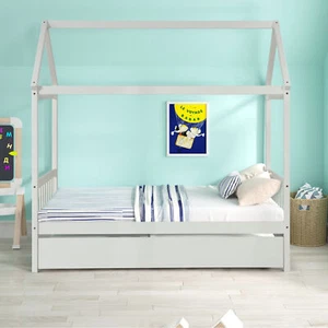 Solid Wood Twin House Bed Frame with Twin Size Trundle House Bed Floor Bed Frame - Picture 1 of 7