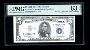 DBR $5 1953 Silver Fr. 1655 CA Block PMG 63 EPQ Serial C02528267A - Picture 1 of 2