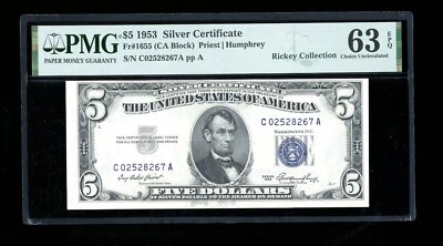 DBR $5 1953 Silver Fr. 1655 CA Block PMG 63 EPQ Serial C02528267A - Image 1 of 2